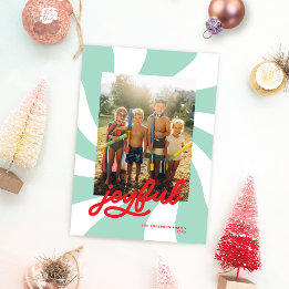 Mod Wavy Retro Groovy Colourful Photo Mint + Red Holiday Card