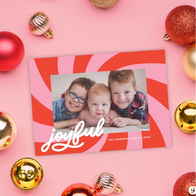 Mod Wavy Retro Pink Red Christmas Photo Holiday Card (Creator Uploaded)