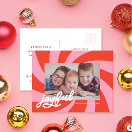 Mod Wavy Retro Pink Red Christmas Photo Holiday Postcard
