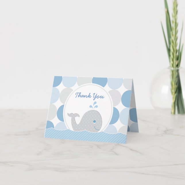Mod Whale Baby Boy Shower Blue & Grey Dots Thank Y Thank You Card (Front)