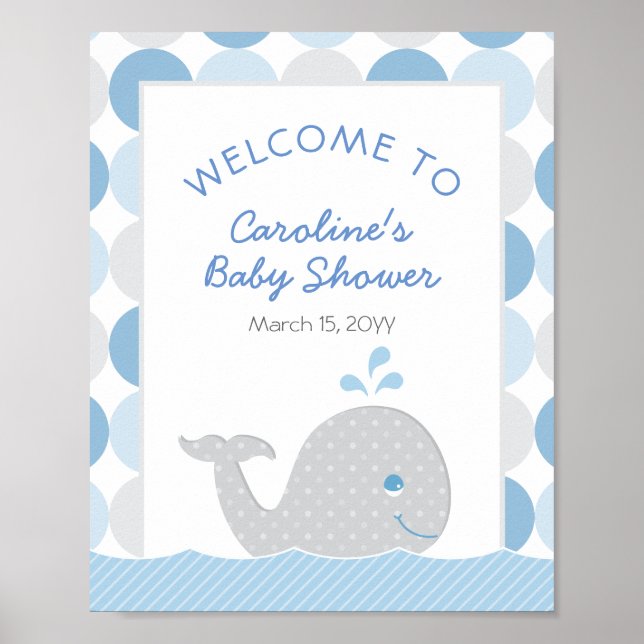 Mod Whale Baby Shower Blue Grey Decor Welcome Sign (Front)
