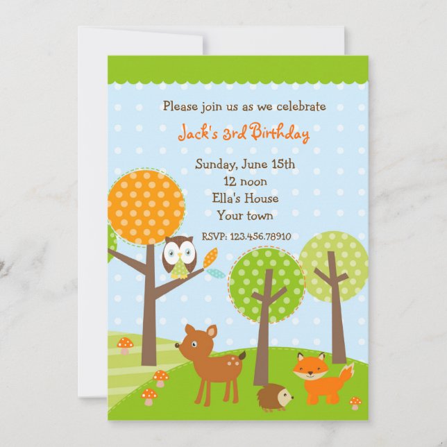 Mod woodland Owl BIrthday Party Invitations (Front)
