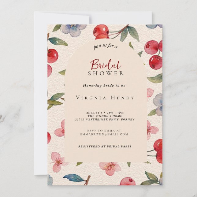 Moda Coquette Cherry en una gran ducha de novia Invitation (Front)