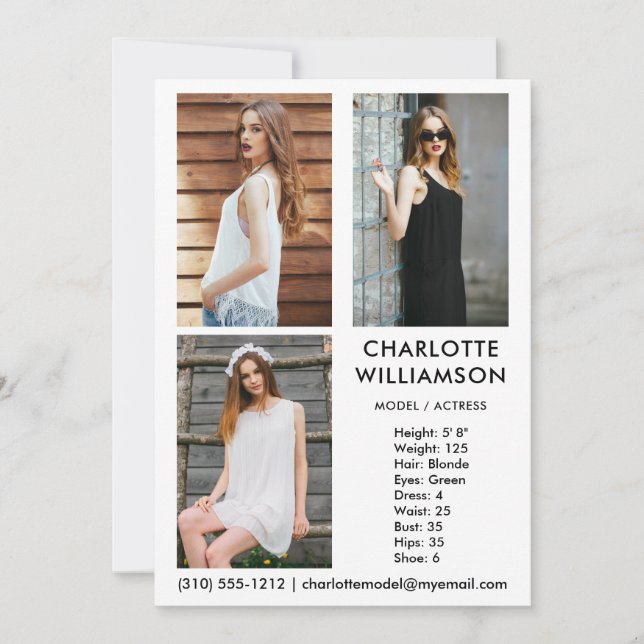 Model Actor 3 Photo Comp Card 5x7 White (Front)