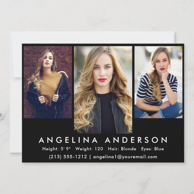 Model Actor 3 Photo Comp Card | Black Front (Front)
