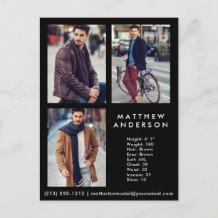 Model Actor 3 Photo Comp Card Black - Postcard