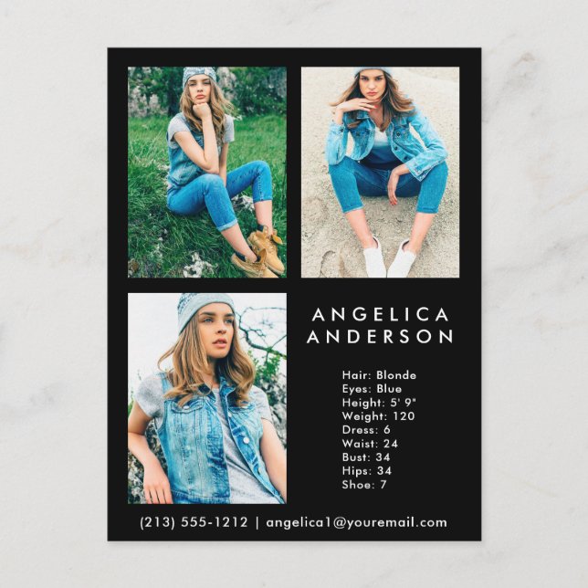 Model Actor 3 Photo Comp Card - Blk Postcard (Front)