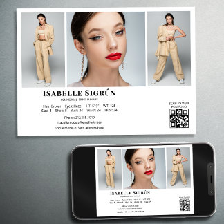 Model Actor 3 Photo Comp Card Template 5x7 White
