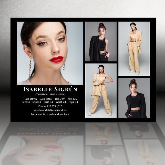 Model Actor 5 Photo Comp Card Template 5x7 Black (Available in high quality print or digital download for quick messaging, email or self printing.)