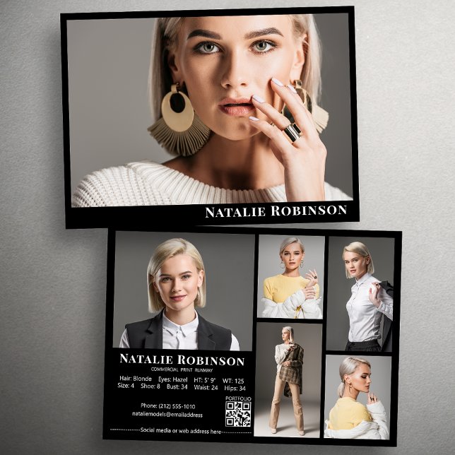 Model Actor 6 Photo Comp Card Template With QR (Available in high quality print or digital download for quick messaging, email or self printing.)