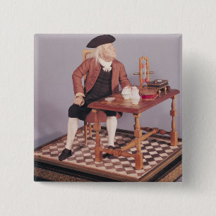 Model of Benjamin Franklin  at his table 15 Cm Square Badge
