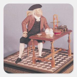 Model of Benjamin Franklin at his table Square Sticker