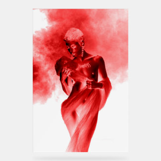 Model posing with red fabric and smoke in monochro acrylic sign