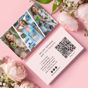 Model Social Media, QR Code & 3 Photo Collage Pink Business Card