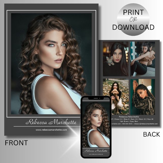 Modelling Photo Card Print Download | 5 Photos ZED (Customize this double-sided model comp card with your name, stats, contact info, and five photos)