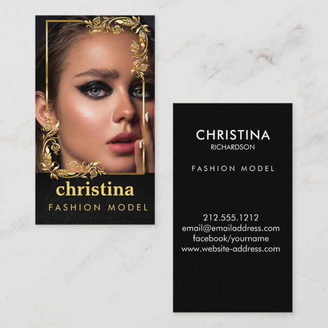Models and Actors Modern Headshot Faux Gold Frame Business Card (Front/Back)