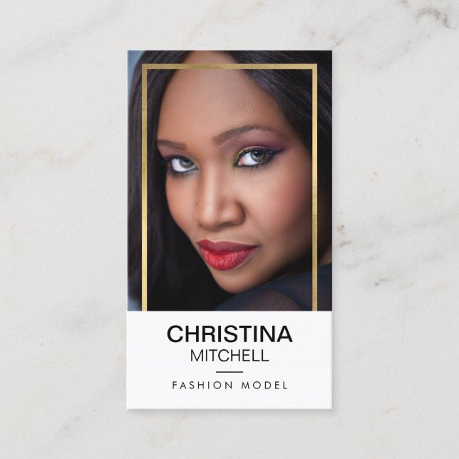 Models and Actors Modern Headshot Faux Gold Frame Business Card (Front)
