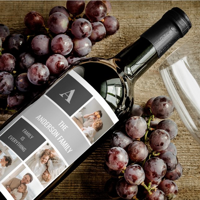 Moden 3Collage Photo & Grey Best Family Gift Wine Label (Creator Uploaded)