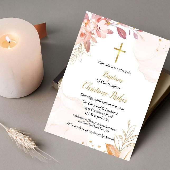 Moden Baptism pink watercolor  floral splash Invitation (Creator Uploaded)