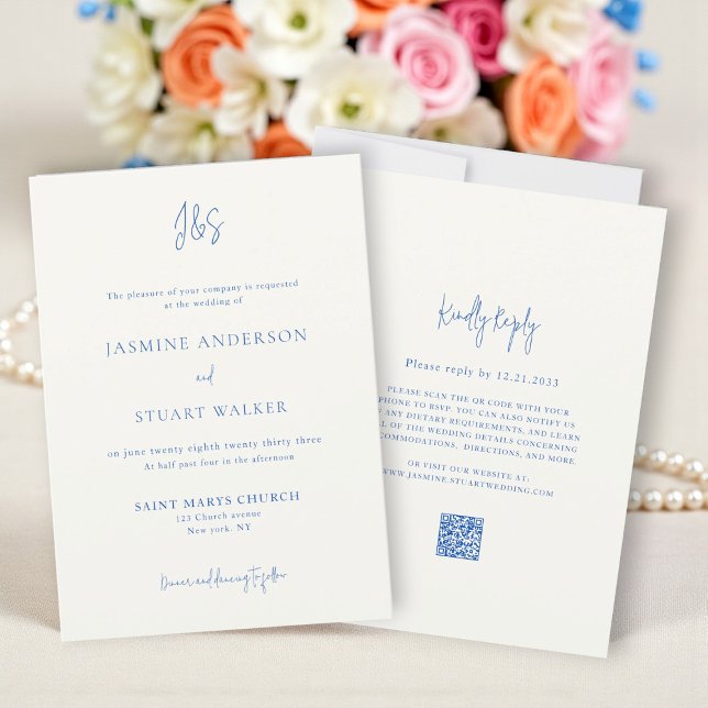 Moden cream blue Wedding Invitation QR code (Creator Uploaded)