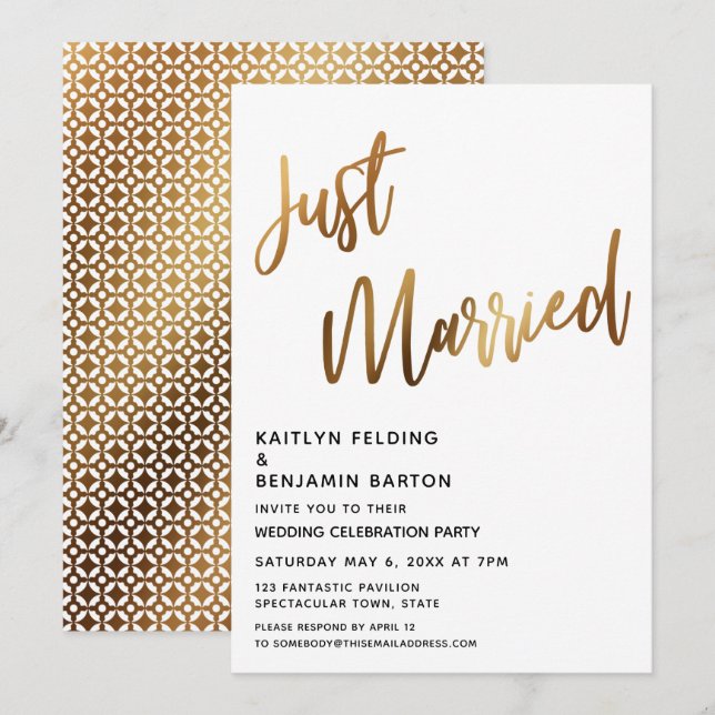 Moden Just Married Gold Handwriting Reception Invitation (Front/Back)