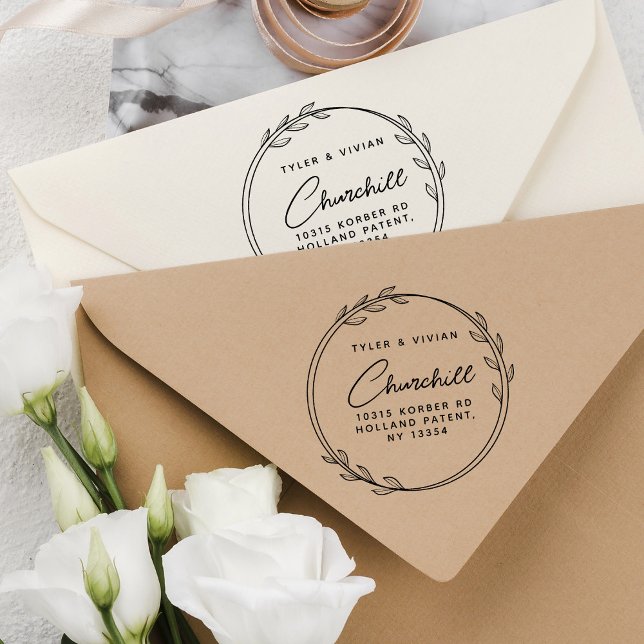Moden Minimalist Wreath Couple Return Address Rubber Stamp (Creator Uploaded)