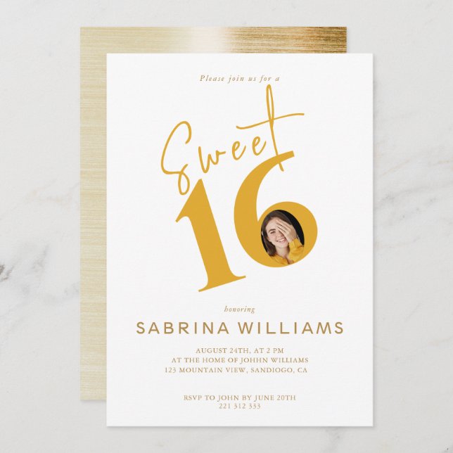 Moden Stylish Gold Script Sweet Sixteen Birthday Invitation (Front/Back)