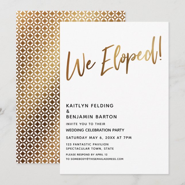Moden We Eloped Gold Handwriting Reception Invitation (Front/Back)