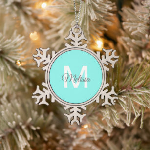 moder chic minimalist monogram turquoise aqua blue snowflake pewter christmas ornament