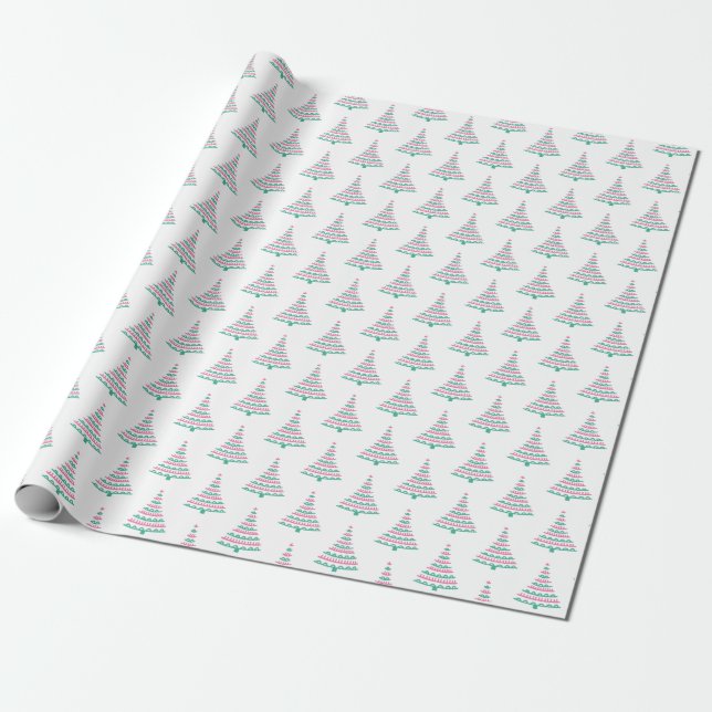Moder Pink and Green Christmas Tree Wrapping Paper (Unrolled)