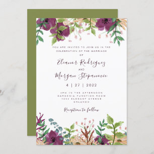 Moder purple floral green wedding invitation