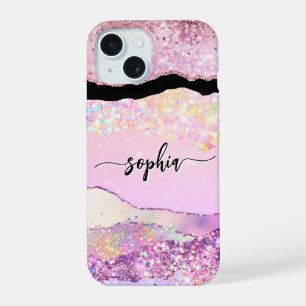 Moder rose gold glitter agate pink girly iPhone 15 case