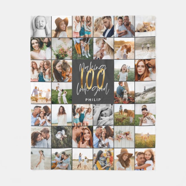 Modern 100th birthday multi photo script gift fleece blanket (Front)