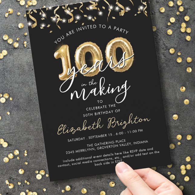 Modern 100th Birthday Script Balloon Streamers Invitation (Creator Uploaded)