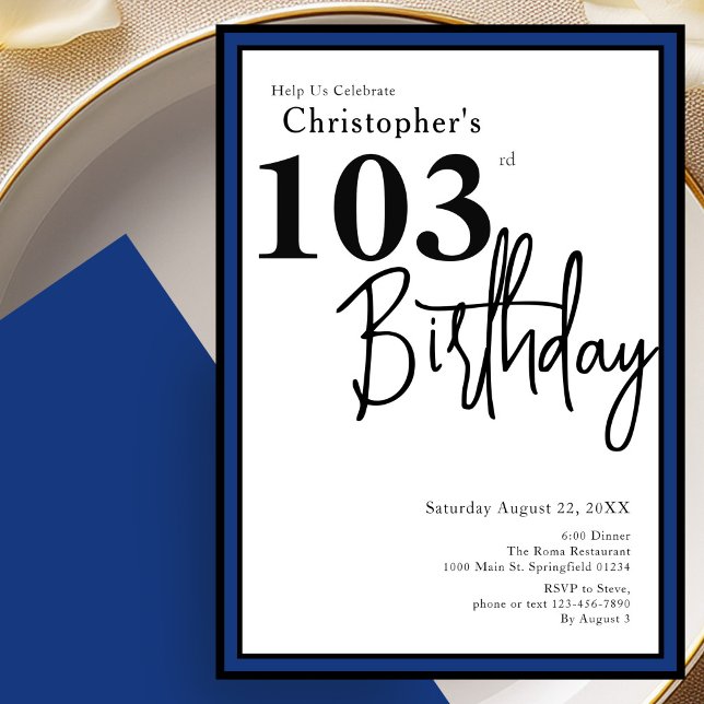 Modern 103rd Birthday Invitation Elegant Blue (Creator Uploaded)