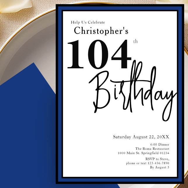 Modern 104th Birthday Invitation Elegant Blue (Creator Uploaded)