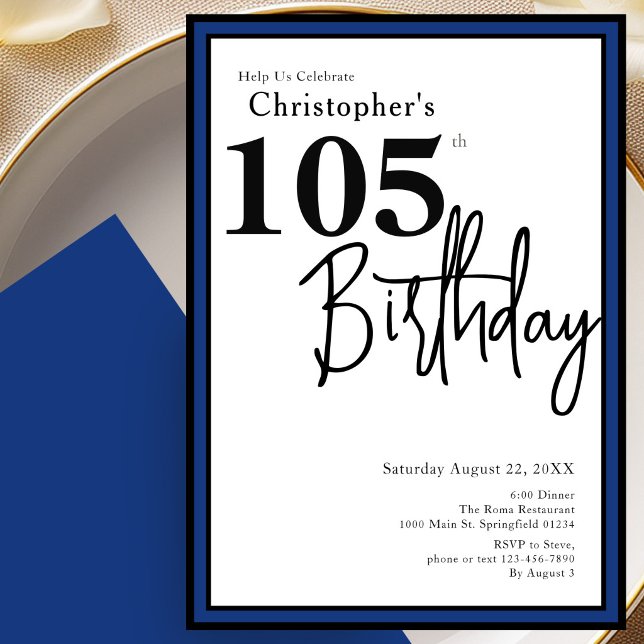 Modern 105th Birthday Invitation Elegant Blue (Creator Uploaded)