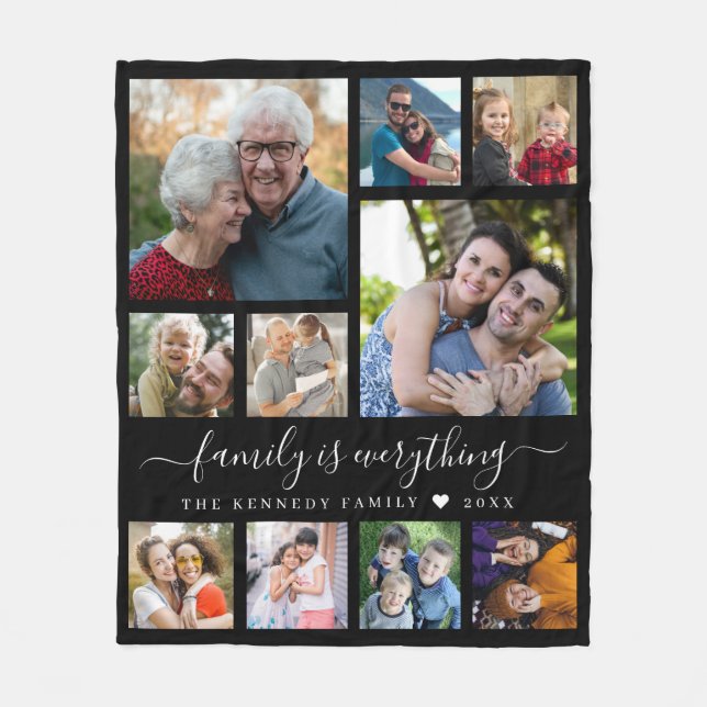 Modern 10 Photo Collage Family Name Quote Black Fleece Blanket (Front)