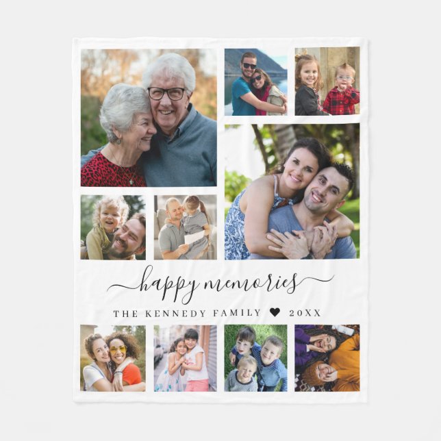 Modern 10 Photo Collage Family Name Quote Keepsake Fleece Blanket (Front)