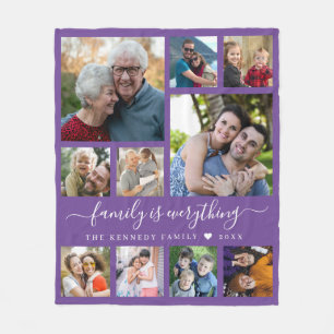Modern 10 Photo Collage Family Name Quote  Purple Fleece Blanket
