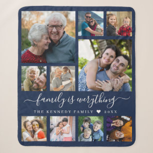 Modern 10 Photo Collage Quote Family Name Blue Sherpa Blanket