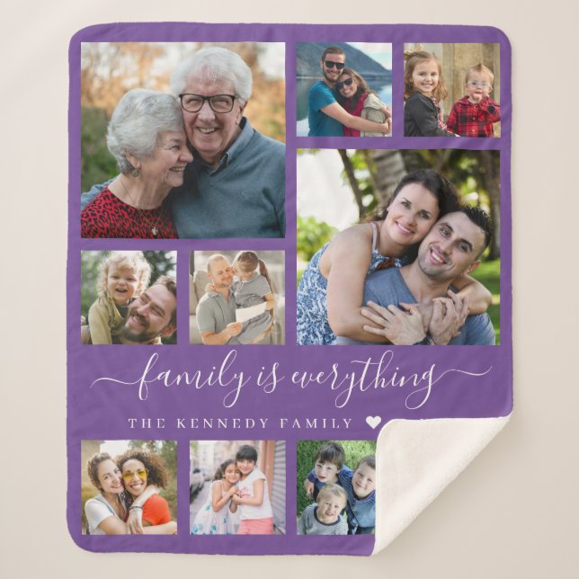 Modern 10 Photo Collage Quote Family Name Purple Sherpa Blanket (Front)
