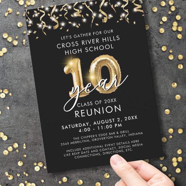 Modern 10 Year Class Reunion Black Gold Balloon Invitation (Creator Uploaded)