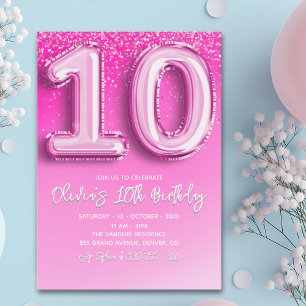 Modern 10th Birthday Girl with Pink Number Balloon Invitation