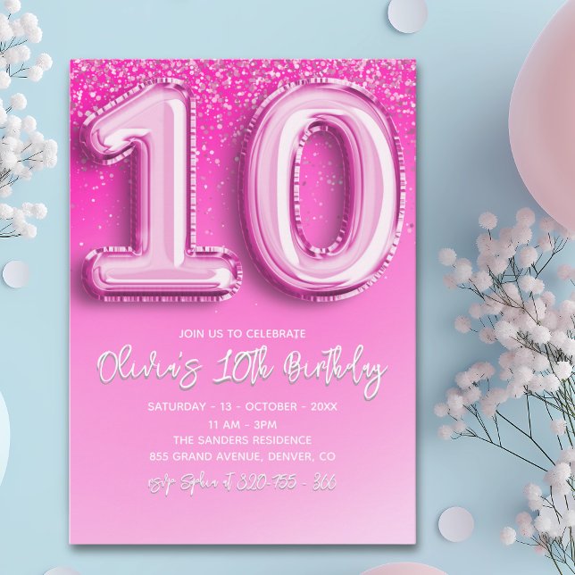 Modern 10th Birthday Girl with Pink Number Balloon Invitation (Creator Uploaded)