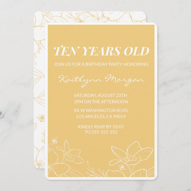 Modern 10th birthday invitations Floral Yellow (Front/Back)