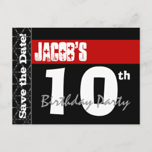 Modern 10th Birthday Save the Date Red Black V001 Announcement Postcard