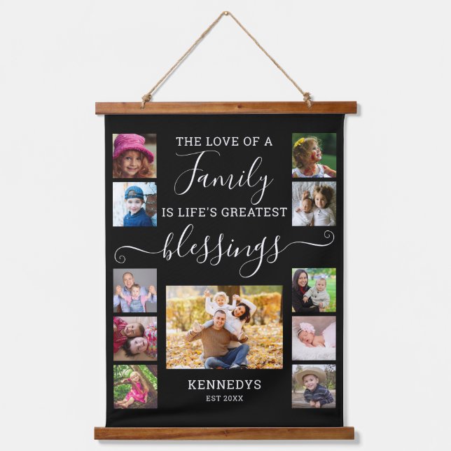 Modern 11 Photo Collage Family Love Quote  Black   Hanging Tapestry (Front)