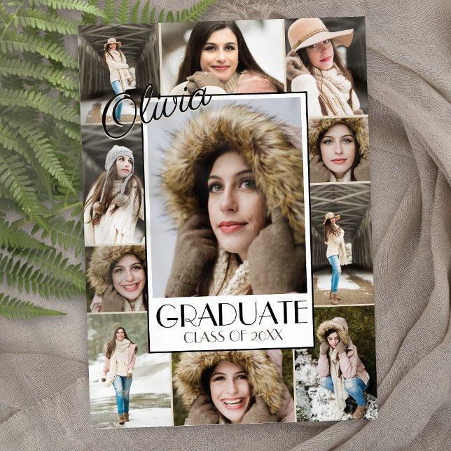 Modern 11 Photo Collage Graduation Announcement (modern elegant trendy senior photo collage graduation announcement invitations with script)