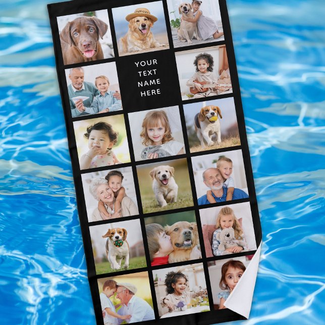 Modern 11 Photo Collage Personalised Black Beach Towel (Creator Uploaded)